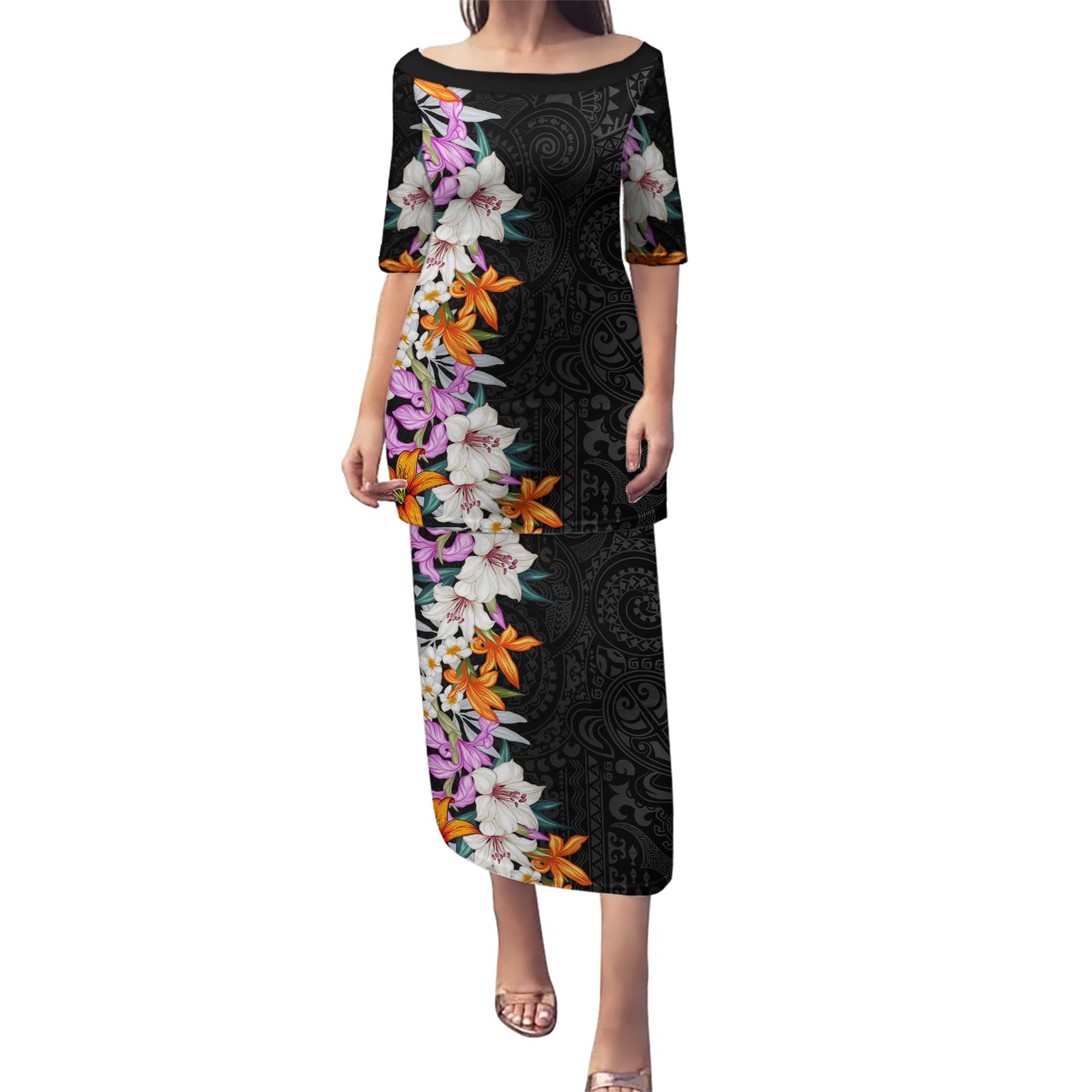 Hawaii Tropical Leaves and Flowers Puletasi Tribal Polynesian Pattern LT03 Long Dress Black - Polynesian Pride