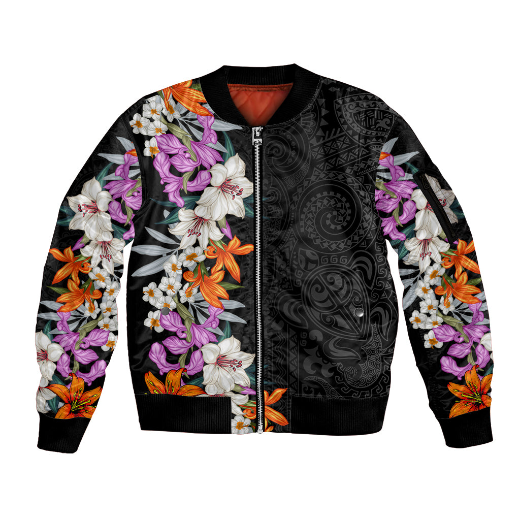 Hawaii Tropical Leaves and Flowers Sleeve Zip Bomber Jacket Tribal Polynesian Pattern LT03 Unisex Black - Polynesian Pride