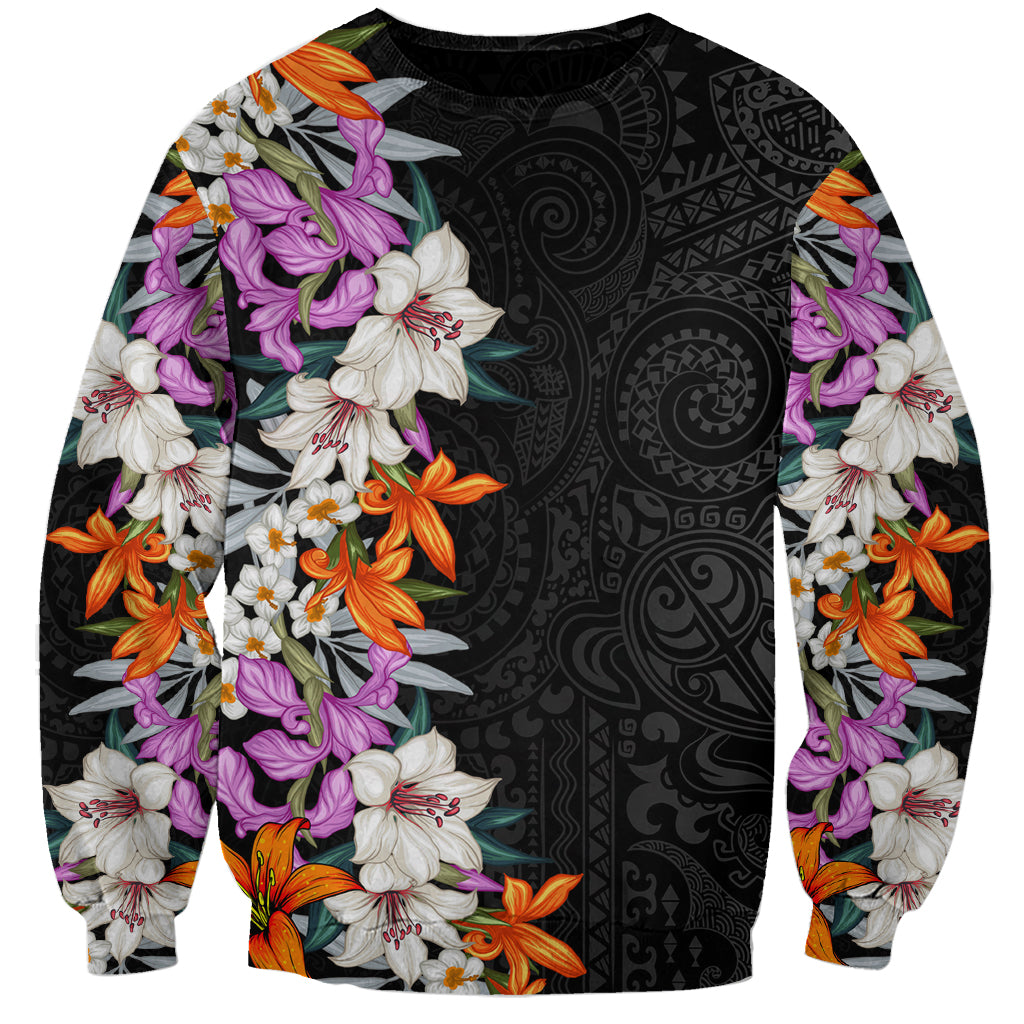 Hawaii Tropical Leaves and Flowers Sweatshirt Tribal Polynesian Pattern LT03 Unisex Black - Polynesian Pride