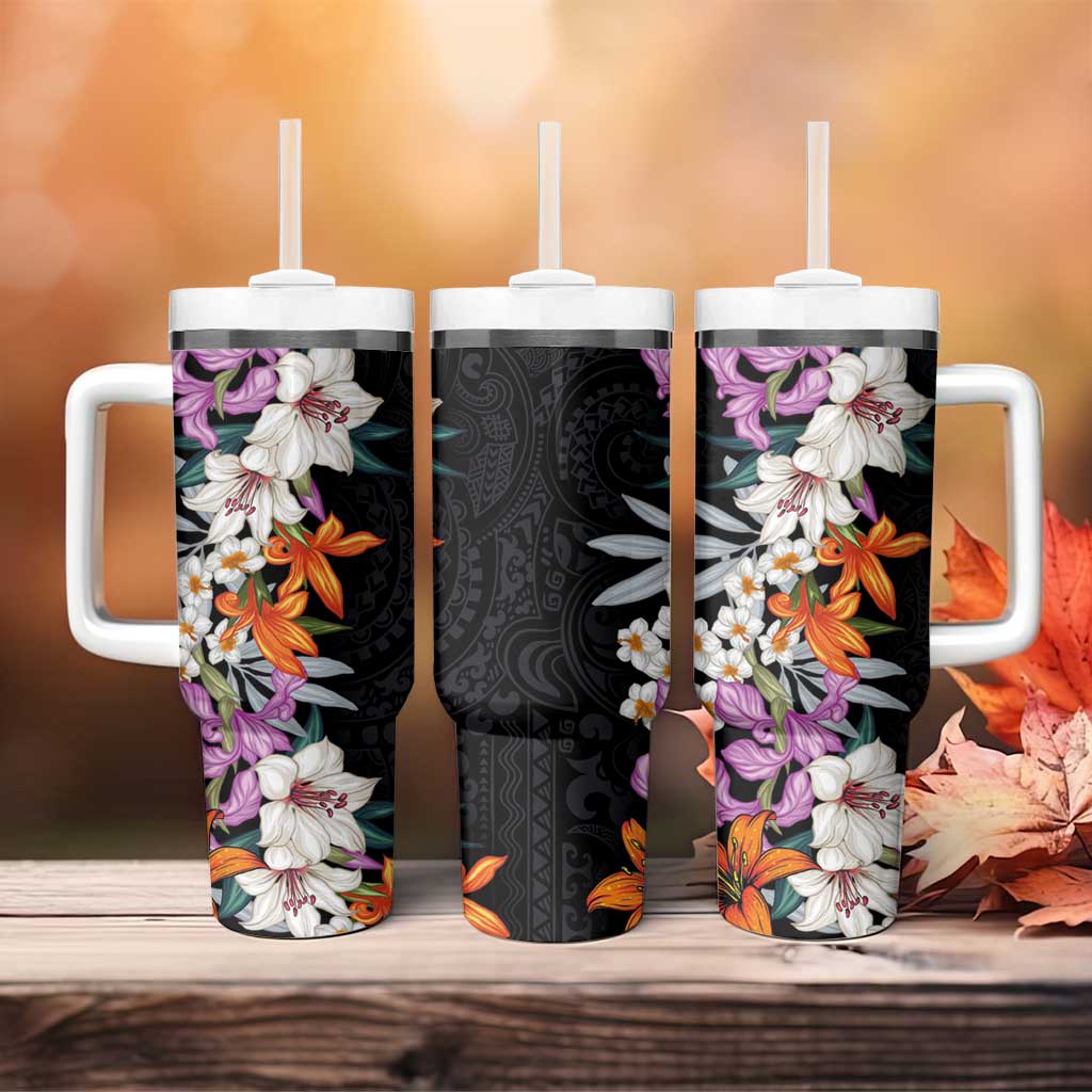 Hawaii Tropical Leaves and Flowers Tumbler With Handle Tribal Polynesian Pattern