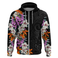 Hawaii Tropical Leaves and Flowers Zip Hoodie Tribal Polynesian Pattern LT03 Zip Hoodie Black - Polynesian Pride