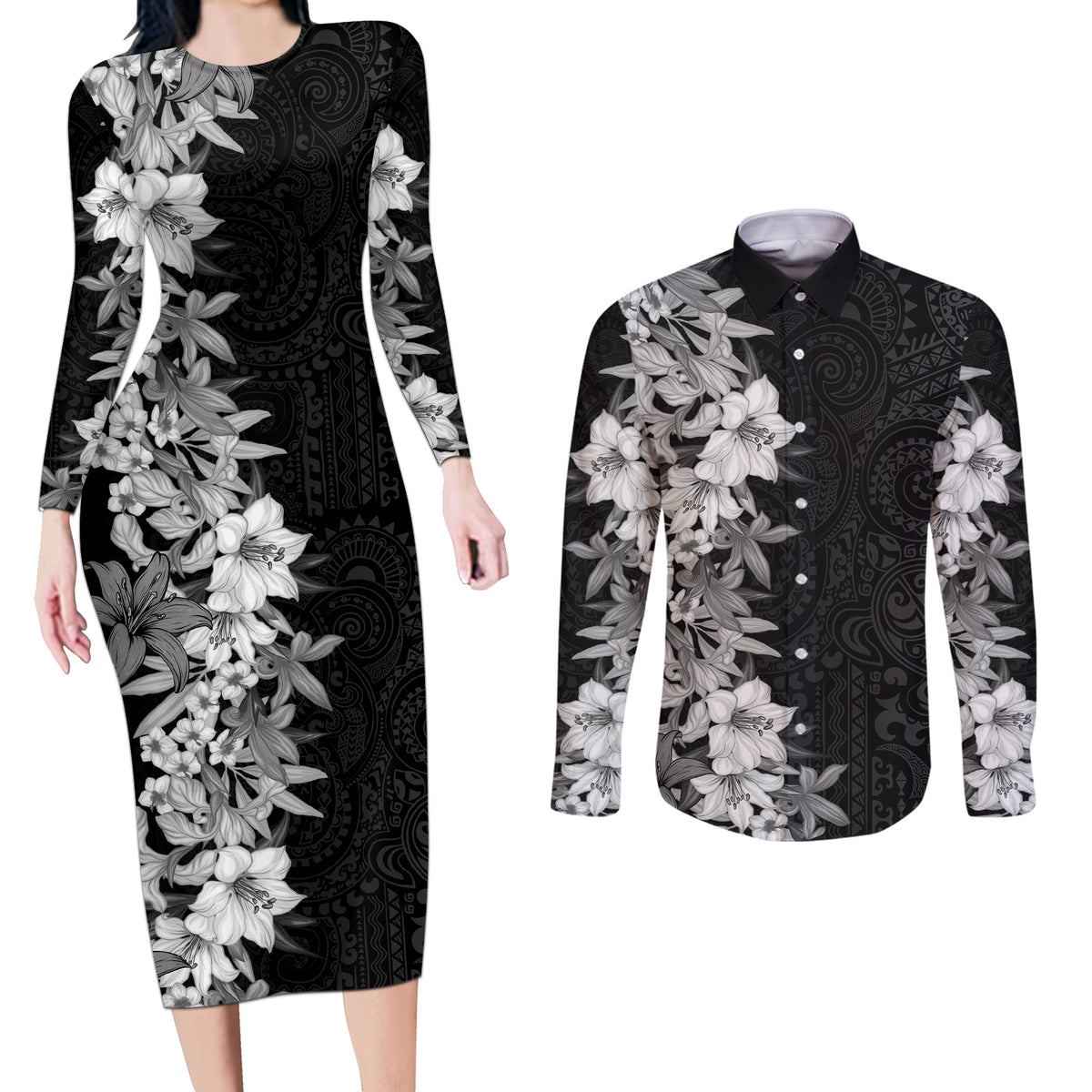 Hawaii Tropical Leaves and Flowers Couples Matching Long Sleeve Bodycon Dress and Long Sleeve Button Shirt Tribal Polynesian Pattern Black White Style LT03 Black - Polynesian Pride