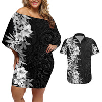 Hawaii Tropical Leaves and Flowers Couples Matching Off Shoulder Short Dress and Hawaiian Shirt Tribal Polynesian Pattern Black White Style LT03 Black - Polynesian Pride