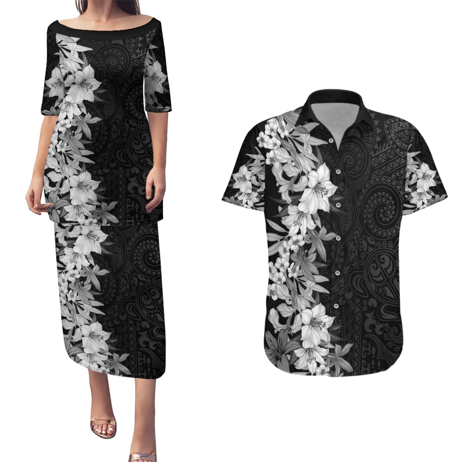 Hawaii Tropical Leaves and Flowers Couples Matching Puletasi and Hawaiian Shirt Tribal Polynesian Pattern Black White Style LT03 Black - Polynesian Pride