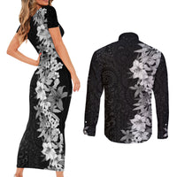 Hawaii Tropical Leaves and Flowers Couples Matching Short Sleeve Bodycon Dress and Long Sleeve Button Shirt Tribal Polynesian Pattern Black White Style LT03 - Polynesian Pride
