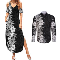 Hawaii Tropical Leaves and Flowers Couples Matching Summer Maxi Dress and Long Sleeve Button Shirt Tribal Polynesian Pattern Black White Style LT03 Black - Polynesian Pride