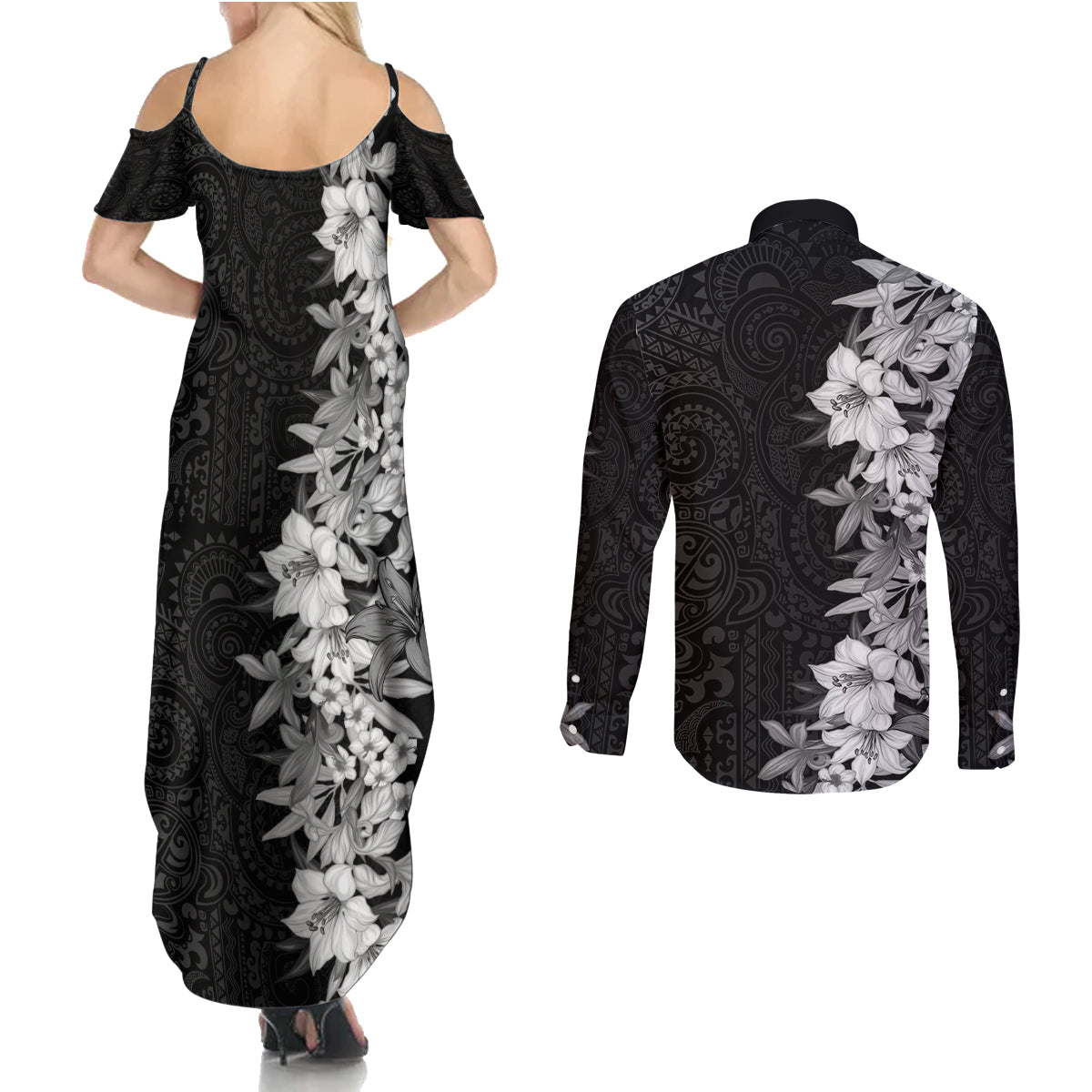 Hawaii Tropical Leaves and Flowers Couples Matching Summer Maxi Dress and Long Sleeve Button Shirt Tribal Polynesian Pattern Black White Style LT03 - Polynesian Pride