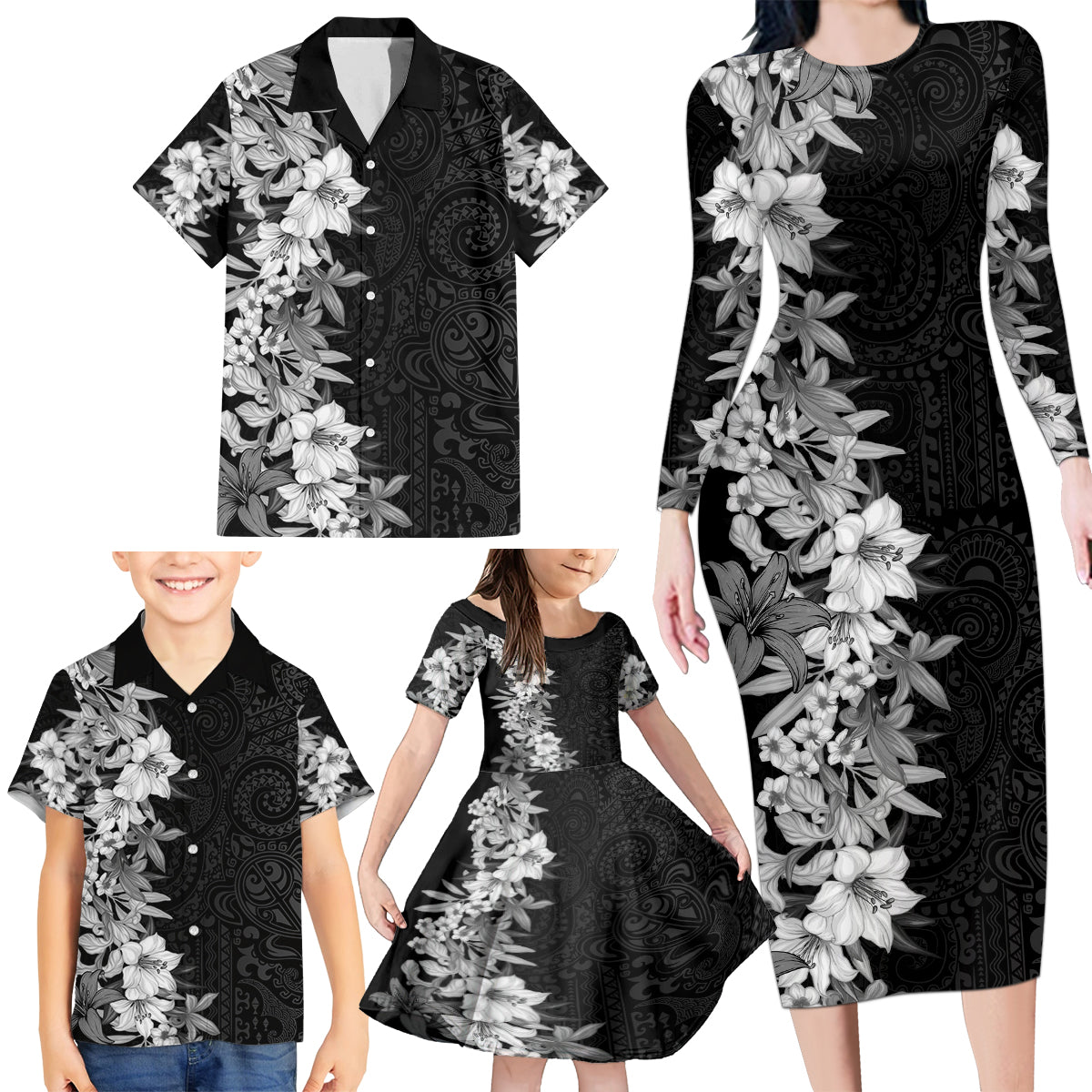 Hawaii Tropical Leaves and Flowers Family Matching Long Sleeve Bodycon Dress and Hawaiian Shirt Tribal Polynesian Pattern Black White Style LT03 - Polynesian Pride