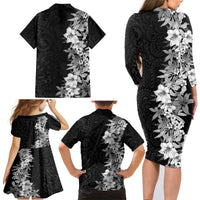 Hawaii Tropical Leaves and Flowers Family Matching Long Sleeve Bodycon Dress and Hawaiian Shirt Tribal Polynesian Pattern Black White Style LT03 - Polynesian Pride