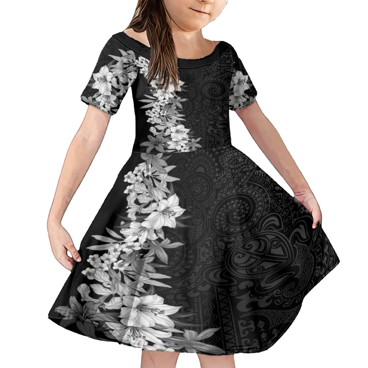 Hawaii Tropical Leaves and Flowers Family Matching Off Shoulder Long Sleeve Dress and Hawaiian Shirt Tribal Polynesian Pattern Black White Style LT03 Daughter's Dress Black - Polynesian Pride