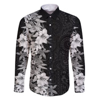 Hawaii Tropical Leaves and Flowers Family Matching Off Shoulder Long Sleeve Dress and Hawaiian Shirt Tribal Polynesian Pattern Black White Style LT03 Dad's Shirt - Long Sleeve Black - Polynesian Pride