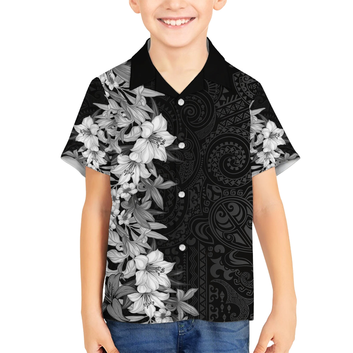 Hawaii Tropical Leaves and Flowers Family Matching Off Shoulder Short Dress and Hawaiian Shirt Tribal Polynesian Pattern Black White Style LT03 Son's Shirt Black - Polynesian Pride