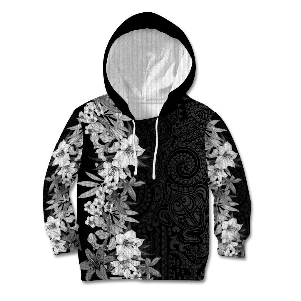 Hawaii Tropical Leaves and Flowers Kid Hoodie Tribal Polynesian Pattern Black White Style LT03 Hoodie Black - Polynesian Pride