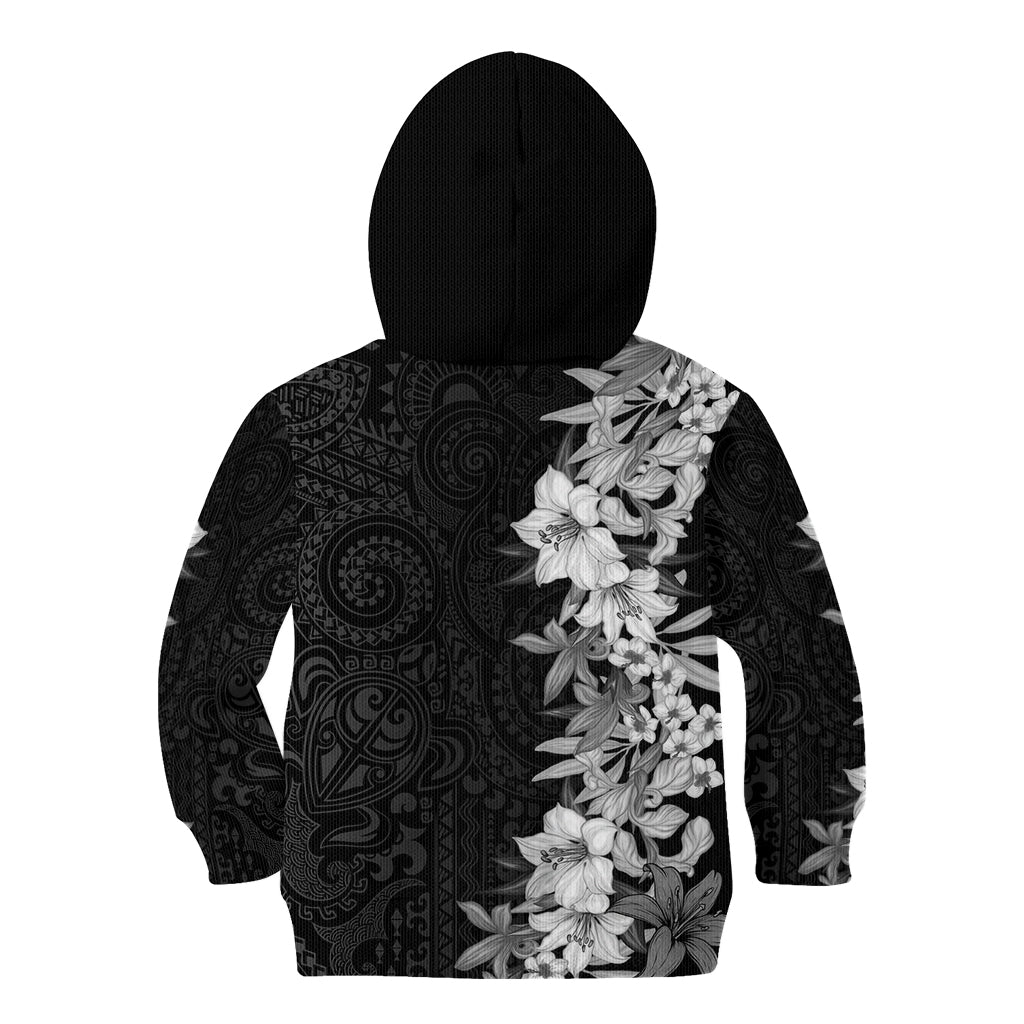 Hawaii Tropical Leaves and Flowers Kid Hoodie Tribal Polynesian Pattern Black White Style LT03 - Polynesian Pride