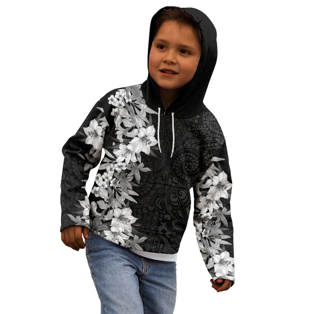 Hawaii Tropical Leaves and Flowers Kid Hoodie Tribal Polynesian Pattern Black White Style LT03 - Polynesian Pride