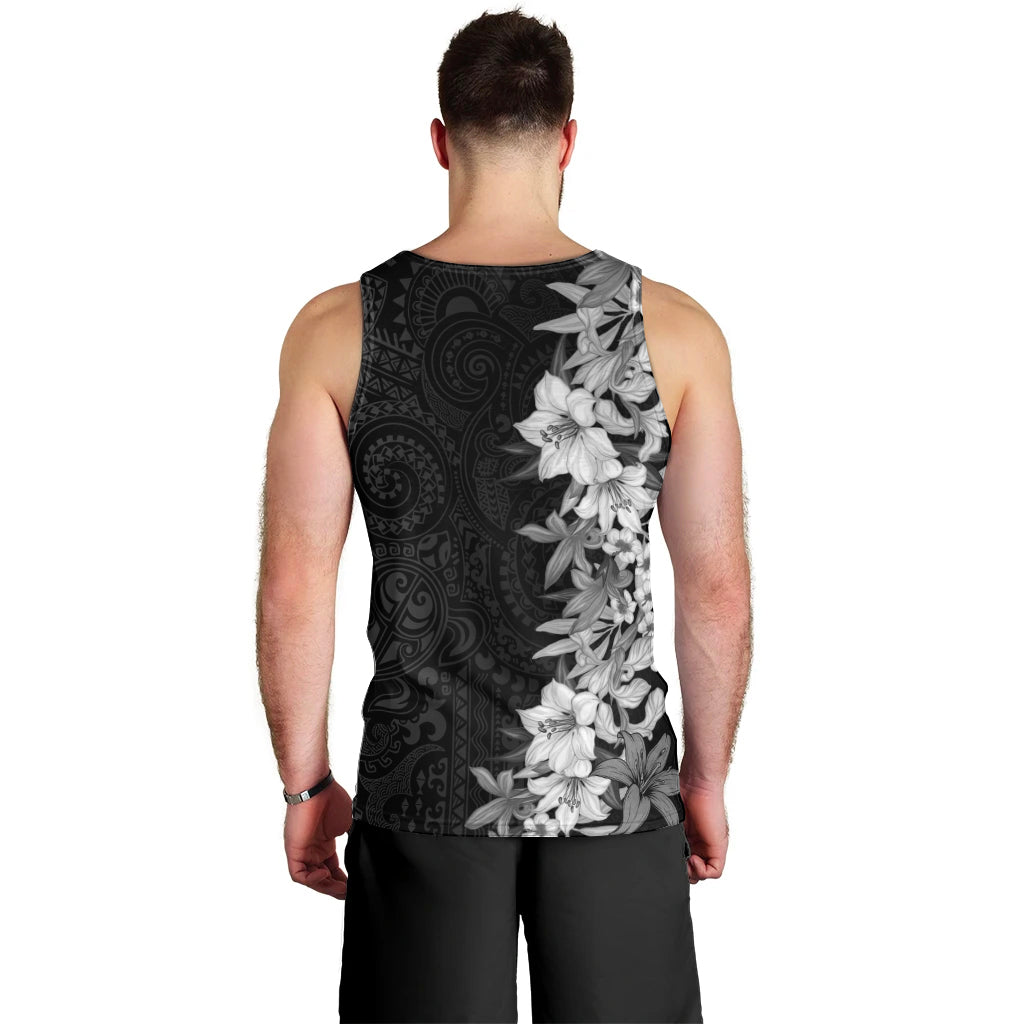 Hawaii Tropical Leaves and Flowers Men Tank Top Tribal Polynesian Pattern Black White Style LT03 - Polynesian Pride