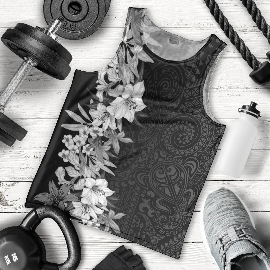 Hawaii Tropical Leaves and Flowers Men Tank Top Tribal Polynesian Pattern Black White Style LT03 - Polynesian Pride