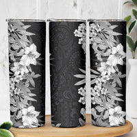 Hawaii Tropical Leaves and Flowers Skinny Tumbler Tribal Polynesian Pattern Black White Style