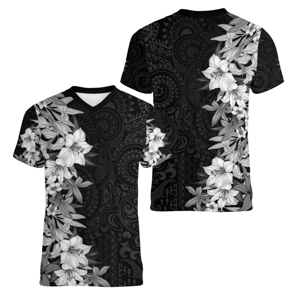 Hawaii Tropical Leaves and Flowers Women V Neck T Shirt Tribal Polynesian Pattern Black White Style LT03 - Polynesian Pride