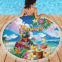 Hawaii Cocktails Beach Blanket Parrot with Cute Beach Landscape and Tropical Plants
