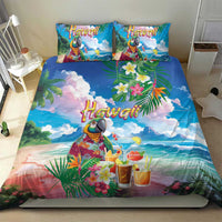 Hawaii Cocktails Bedding Set Parrot with Cute Beach Landscape and Tropical Plants