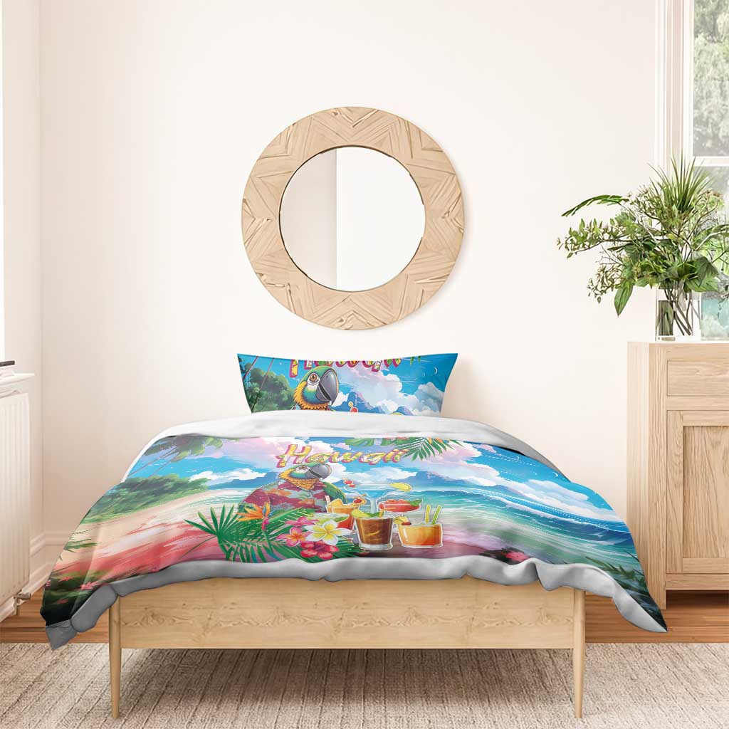 Hawaii Cocktails Bedding Set Parrot with Cute Beach Landscape and Tropical Plants