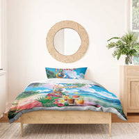 Hawaii Cocktails Bedding Set Parrot with Cute Beach Landscape and Tropical Plants