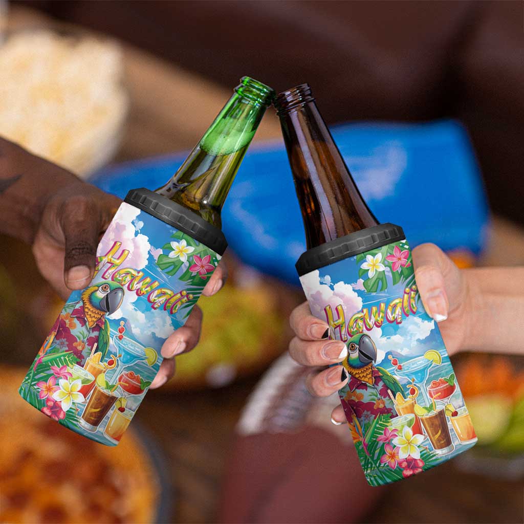Hawaii Cocktails 4 in 1 Can Cooler Tumbler Parrot with Cute Beach Landscape and Tropical Plants