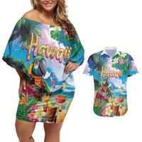 Hawaii Cocktails Couples Matching Off Shoulder Short Dress and Hawaiian Shirt Parrot with Cute Beach Landscape and Tropical Plants