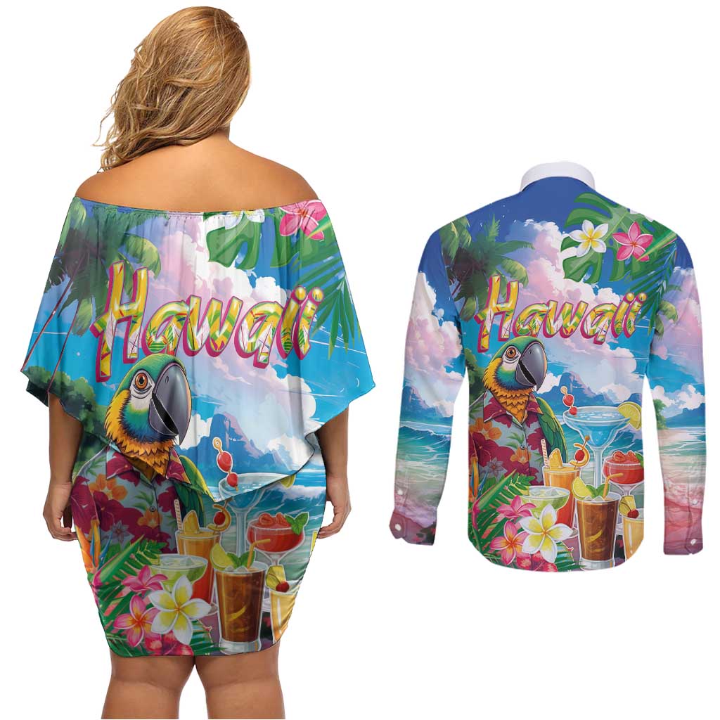 Hawaii Cocktails Couples Matching Off Shoulder Short Dress and Long Sleeve Button Shirt Parrot with Cute Beach Landscape and Tropical Plants