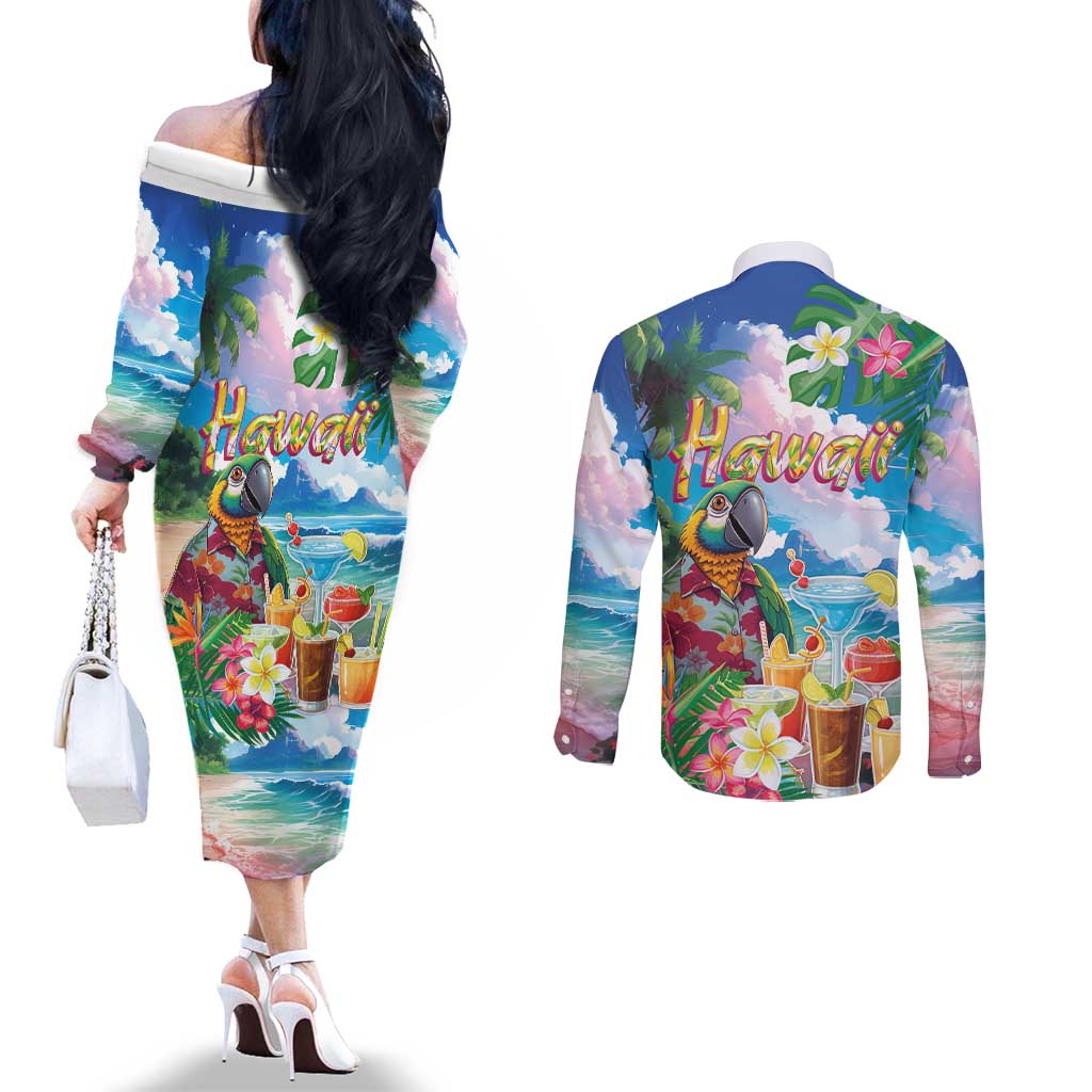 Hawaii Cocktails Couples Matching Off The Shoulder Long Sleeve Dress and Long Sleeve Button Shirt Parrot with Cute Beach Landscape and Tropical Plants