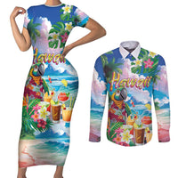 Hawaii Cocktails Couples Matching Short Sleeve Bodycon Dress and Long Sleeve Button Shirt Parrot with Cute Beach Landscape and Tropical Plants