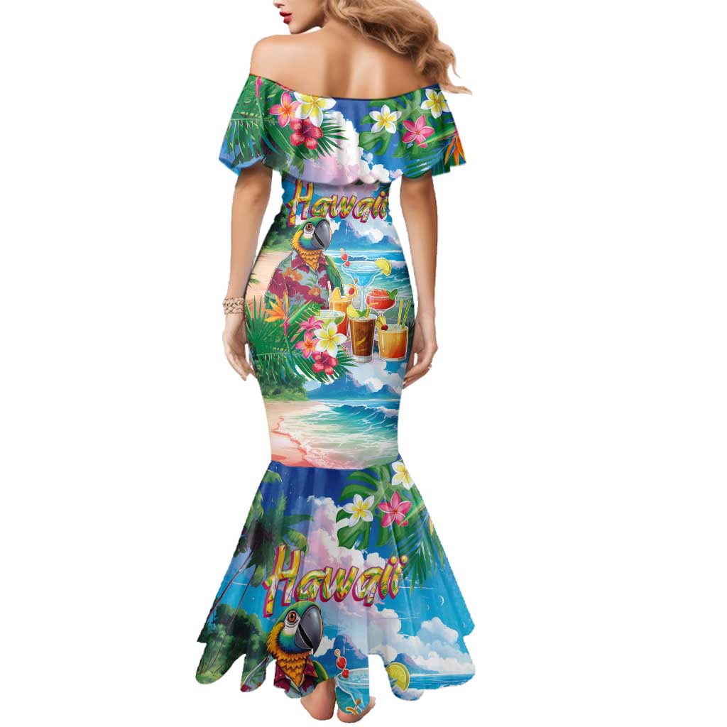 Hawaii Cocktails Family Matching Mermaid Dress and Hawaiian Shirt Parrot with Cute Beach Landscape and Tropical Plants