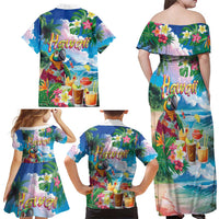 Hawaii Cocktails Family Matching Off Shoulder Maxi Dress and Hawaiian Shirt Parrot with Cute Beach Landscape and Tropical Plants