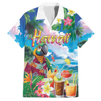Hawaii Cocktails Family Matching Short Sleeve Bodycon Dress and Hawaiian Shirt Parrot with Cute Beach Landscape and Tropical Plants