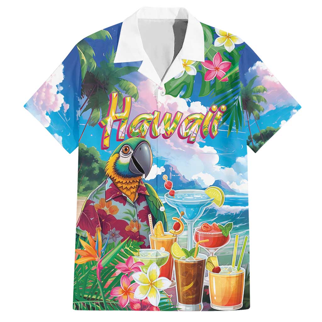 Hawaii Cocktails Hawaiian Shirt Parrot with Cute Beach Landscape and Tropical Plants
