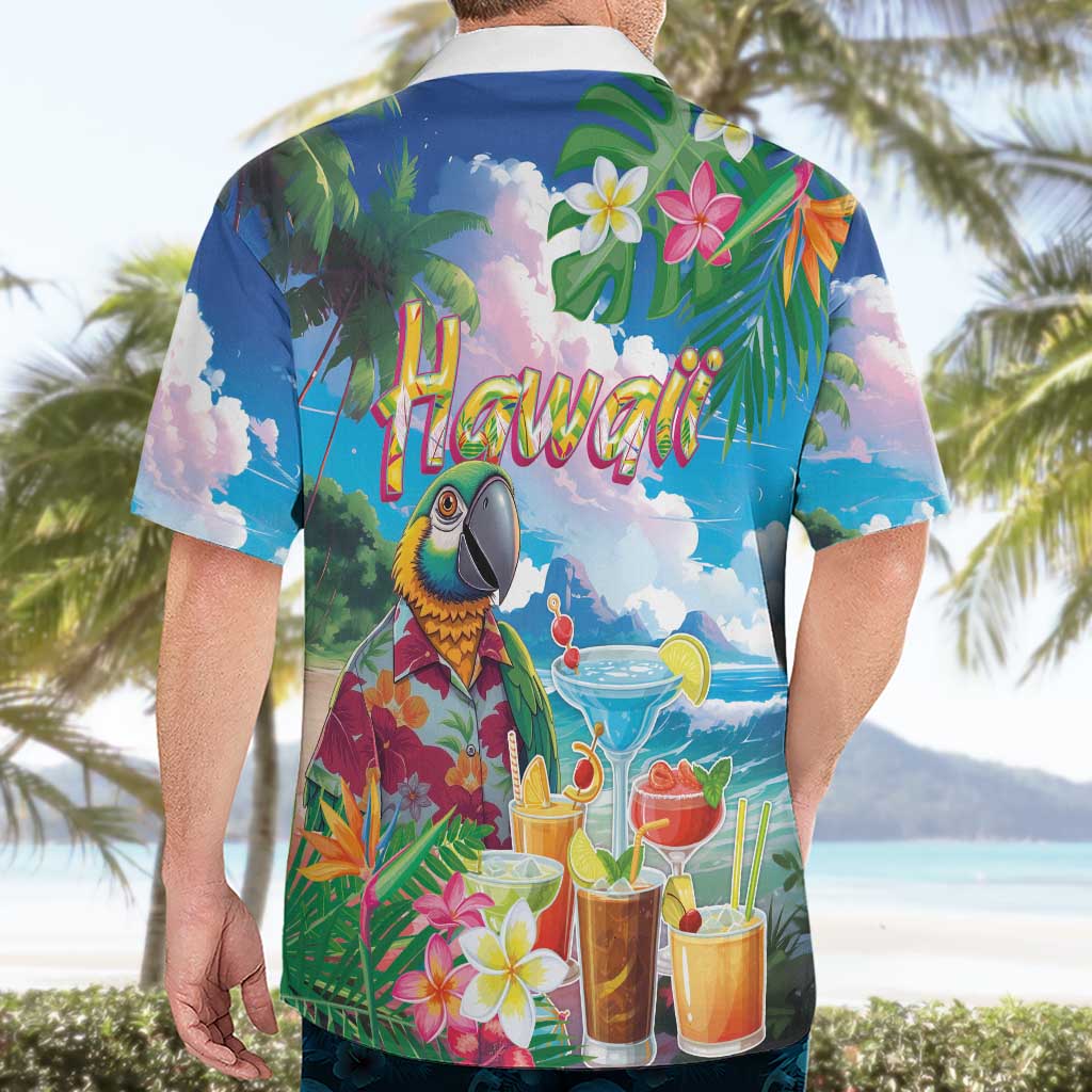 Hawaii Cocktails Hawaiian Shirt Parrot with Cute Beach Landscape and Tropical Plants