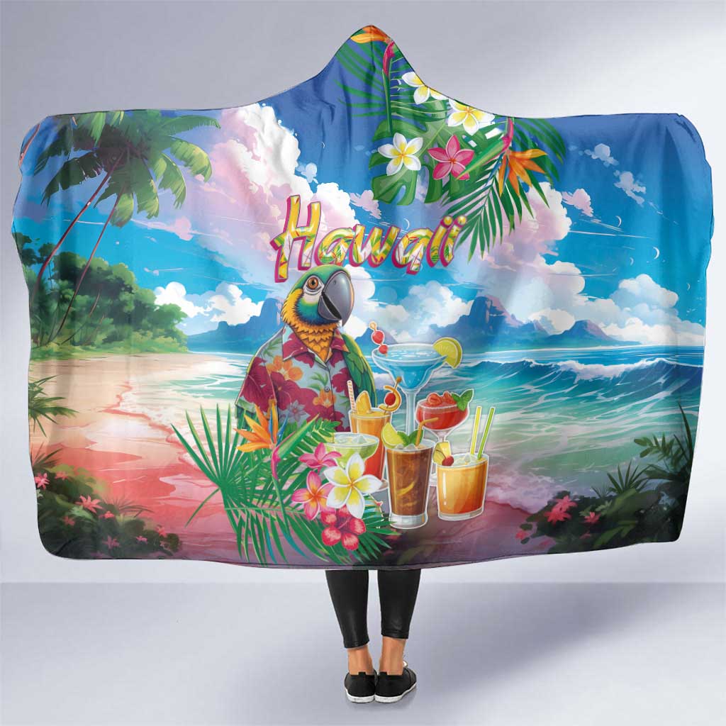 Hawaii Cocktails Hooded Blanket Parrot with Cute Beach Landscape and Tropical Plants