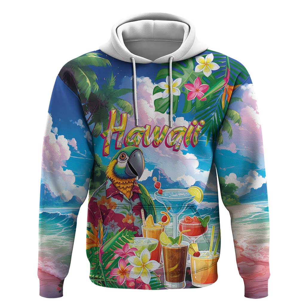 Hawaii Cocktails Hoodie Parrot with Cute Beach Landscape and Tropical Plants
