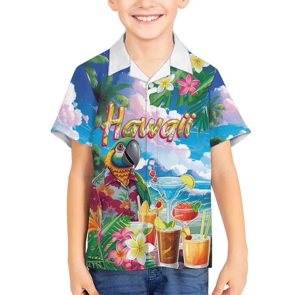 Hawaii Cocktails Kid Hawaiian Shirt Parrot with Cute Beach Landscape and Tropical Plants