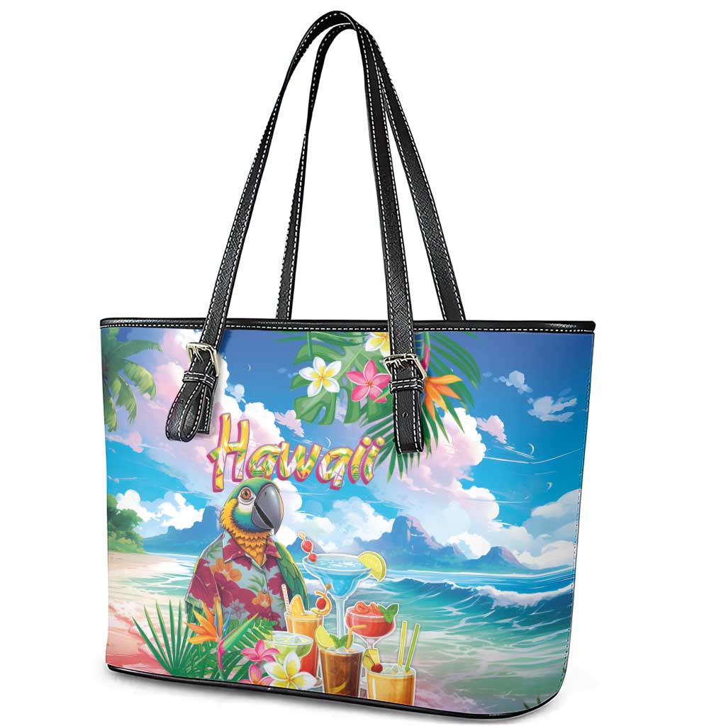 Hawaii Cocktails Leather Tote Bag Parrot with Cute Beach Landscape and Tropical Plants