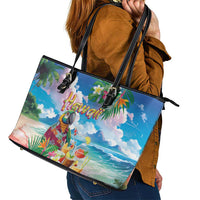 Hawaii Cocktails Leather Tote Bag Parrot with Cute Beach Landscape and Tropical Plants