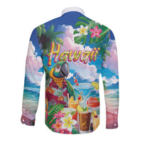Hawaii Cocktails Long Sleeve Button Shirt Parrot with Cute Beach Landscape and Tropical Plants