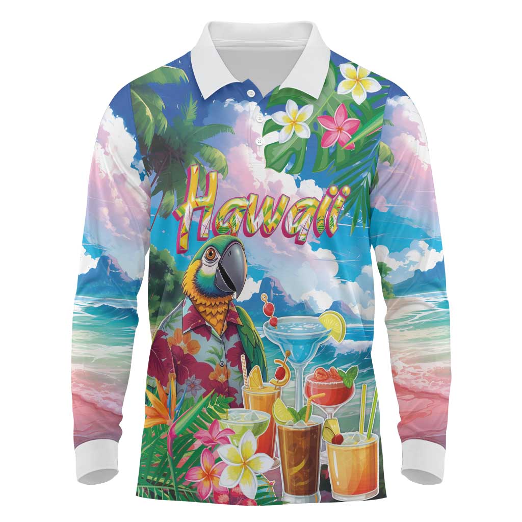Hawaii Cocktails Long Sleeve Polo Shirt Parrot with Cute Beach Landscape and Tropical Plants
