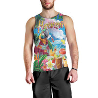 Hawaii Cocktails Men Tank Top Parrot with Cute Beach Landscape and Tropical Plants
