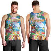 Hawaii Cocktails Men Tank Top Parrot with Cute Beach Landscape and Tropical Plants