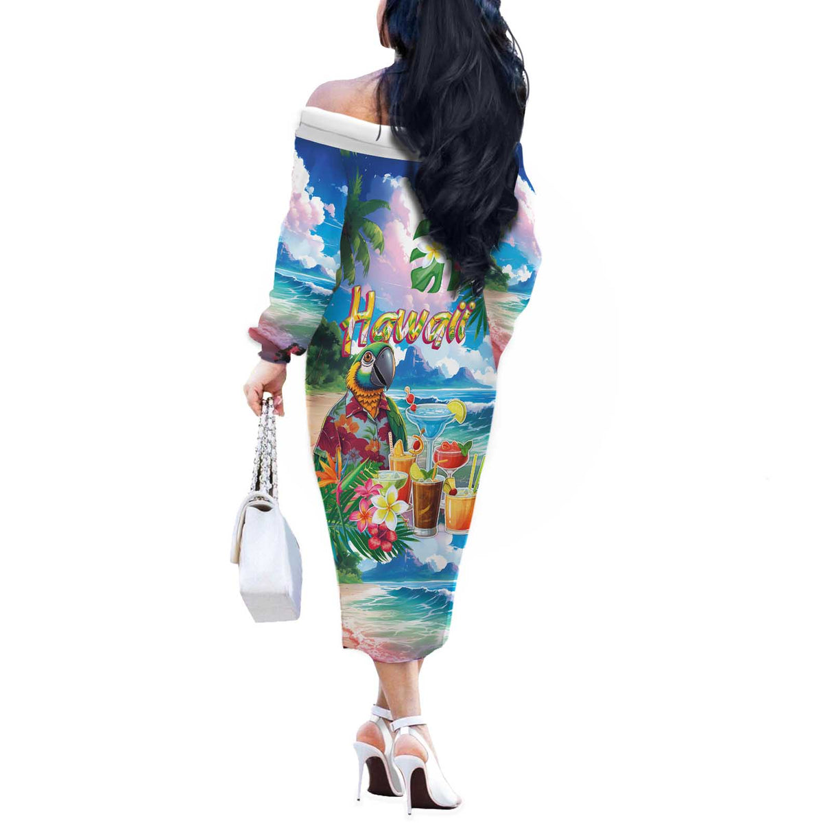 Hawaii Cocktails Off The Shoulder Long Sleeve Dress Parrot with Cute Beach Landscape and Tropical Plants