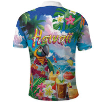 Hawaii Cocktails Polo Shirt Parrot with Cute Beach Landscape and Tropical Plants