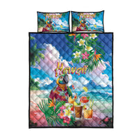 Hawaii Cocktails Quilt Bed Set Parrot with Cute Beach Landscape and Tropical Plants