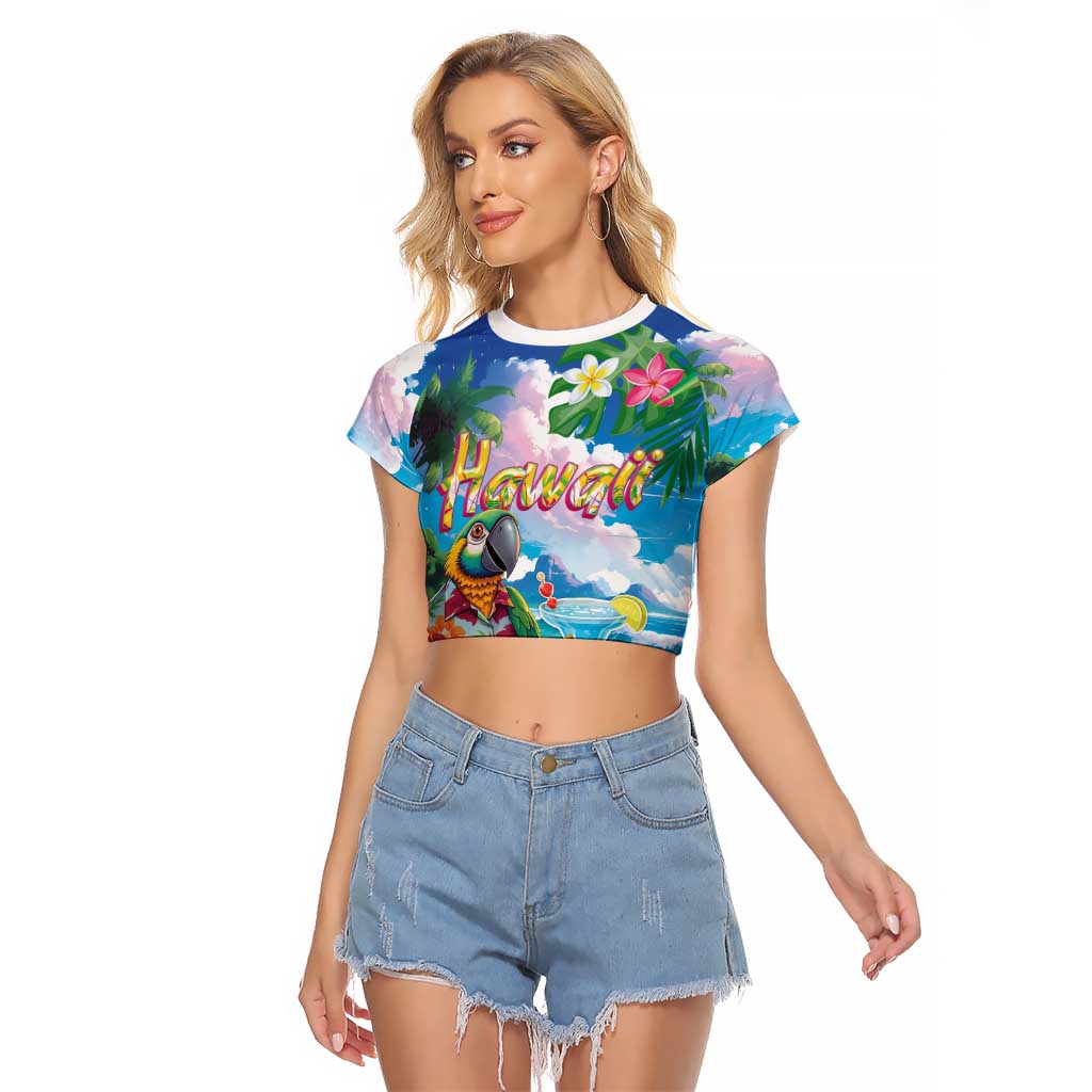 Hawaii Cocktails Raglan Cropped T Shirt Parrot with Cute Beach Landscape and Tropical Plants